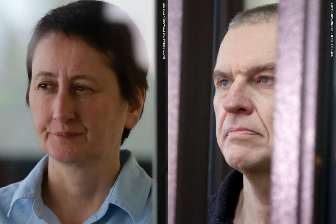 Mzia Amaglobeli from Georgia, Andrzej Poczobut from Belarus, laureates of the 2025 Sakharov Prize © L.S/ Belta AFP & Z.T/Netgazeti